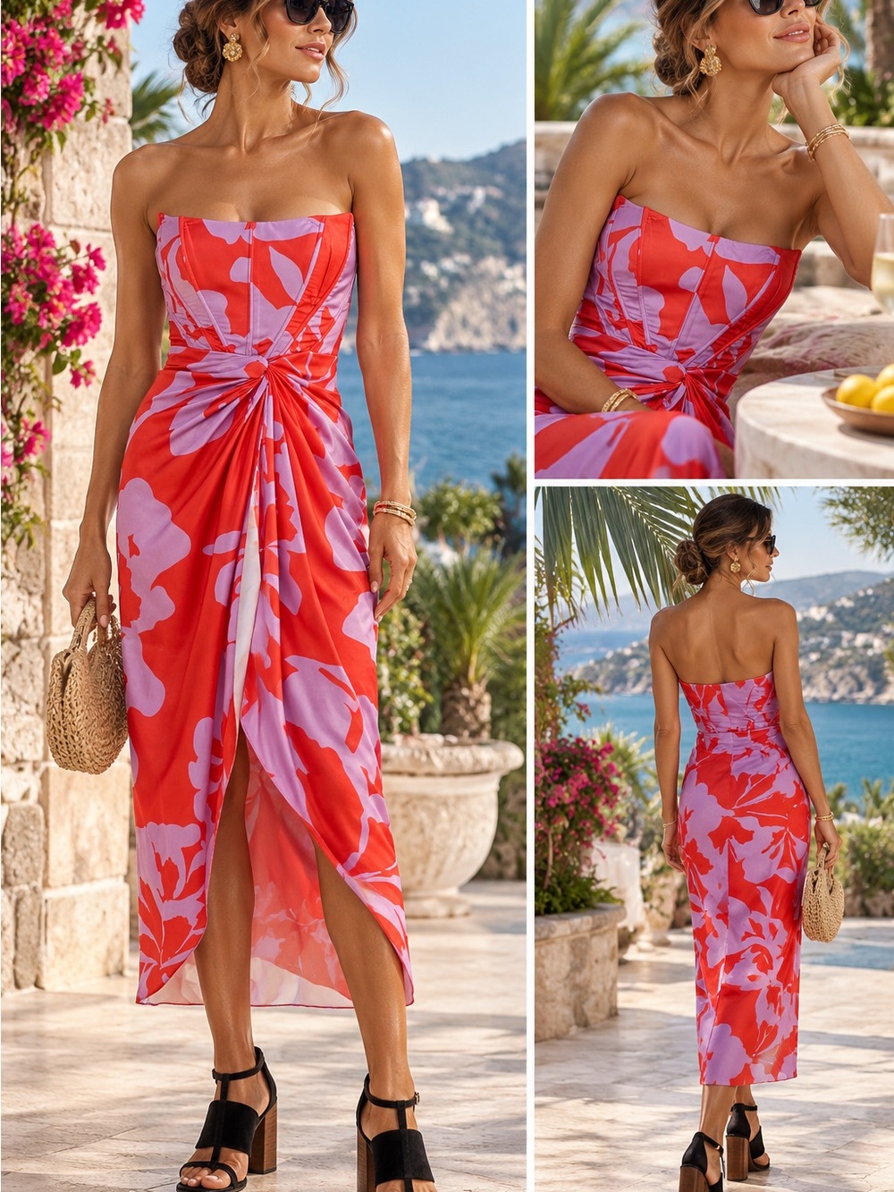 ANDRES OTALORA Strapless Red & Lavender Floral Twist Midi Dress $795